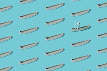 Native Indian American chief in a gray canoe on a blue background. Pattern.
