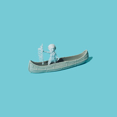 Native Indian American chief in a gray canoe on a blue background.