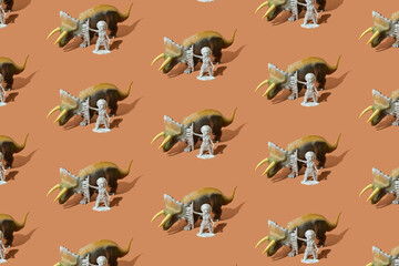 Native Indian American chief leader standing next to a large triceratops dinosaur beast on a brown background. Pattern.