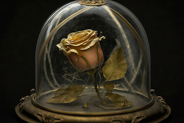 glass dome on a brass plate, delicate rose petals in the dome created with Generative AI technology