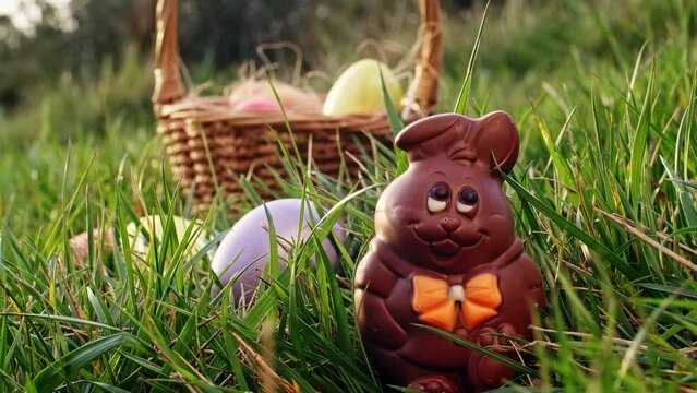 Chocolate bunny and painted eggs on a meadow, easter egg hunt game. Celebration of a religious holiday, symbols of easter.