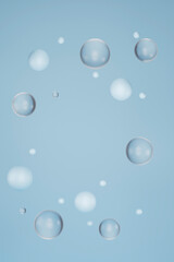 glass bubbles floating against blue background with empty space for text, 3d render