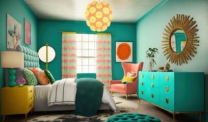  a bedroom with a bed, dresser, mirror, and a chair.  generative ai