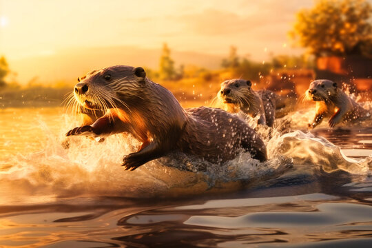 A family of otters splashing and sliding on a riverbank amidst a gorgeous summer sunset