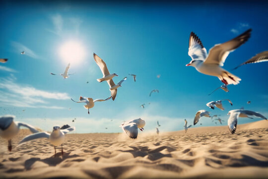 A flock of seagulls soaring through a bright blue sky over a sandy beach