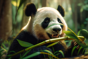 A cute and fluffy panda munching on bamboo shoots in a serene bamboo forest