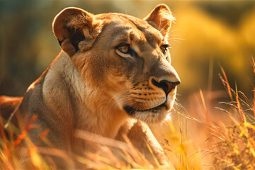 A majestic lioness basking in the warm sunlight on a grassy savannah