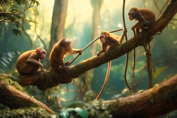 A family of playful monkeys swinging from tree to tree in a dense tropical jungle