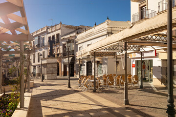 Ronda, Andalusia, Spain - March 16, 2023: View of the Plaza del Socorro and the fountain, the famous place of the old town