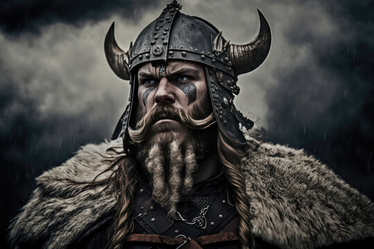 viking with horned helmet and skins over shoulders, leather doublet and war paint on face, he has blond long hair and light beard created with Generative AI technology