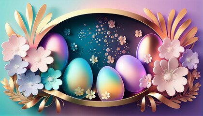 Holographic Easter banner with bright colorful holographic Easter eggs and flowers, generative AI