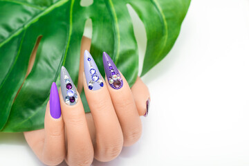 Female hand with stiletto nail design. Glitter purple nail polish manicure. Female model hand with...