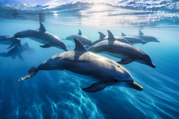 A school of playful dolphins racing through the waves under a cloudless sky