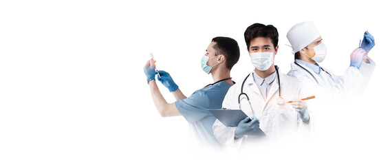 Diverse Doctors During Working Shift In Hospital Isolated Over White Background