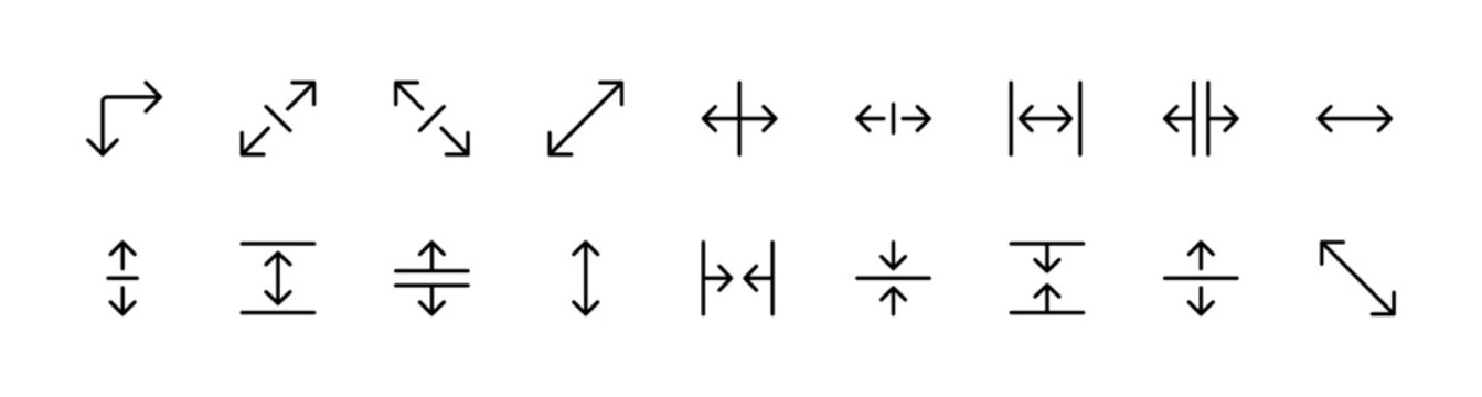 Resize vector line icons set. Scaling, increase, decrease. Editable stroke. For the use of UI and mobile app, web site interface.