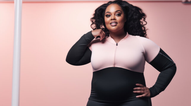 Beautiful Confident Empowered Black Woman Plus-Sized Fitness Model After A Workout On Pink Background. African American Body Positive Woman In Gym Clothes. Generative Ai.