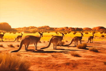 Fototapeta na wymiar A group of friendly kangaroos hopping across a vast, sun-kissed outback
