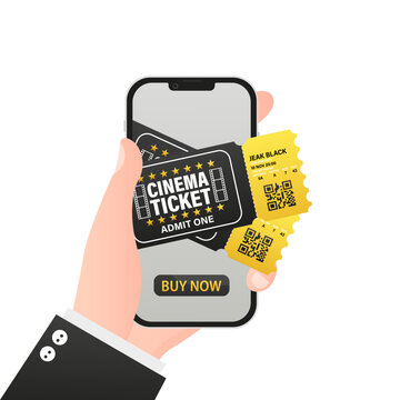 Concept of online buy cinema ticket. Mobile smartphone with the app to buying tickets. Buy Tickets on the internet with a mobile phone. Flat style. Vector illustration