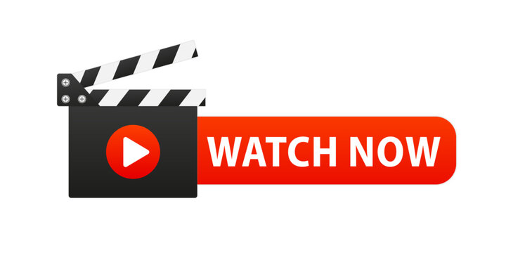 Watch Now Video Play Button Banner. Movie clapper. Play video icon isolated on white background. Watch video now button for web site. UI element. Vector illustration