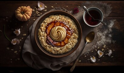  a bowl of oatmeal topped with a caramel swirl.  generative ai