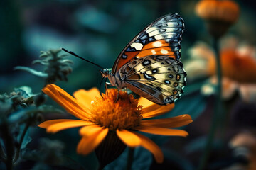 Obraz premium A colorful butterfly perched on a blooming flower in a lush garden