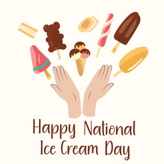 Ice cream set. Vector iillustration with different types of ice cream. Vector Illustration for Happy national ice cream day on hearts background. No Diet Day , Eat What You Want Day llustration.