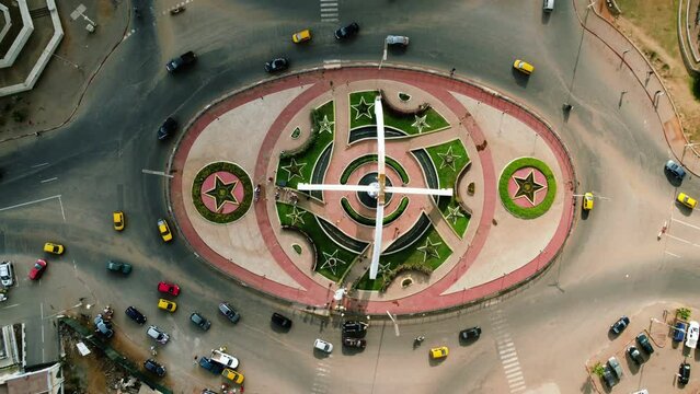 Top view above traffic at the Prime Ministerial Roundabout, in sunny Yaounde, Cameroon