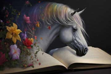head of a white mare over an open book created with Generative AI technology