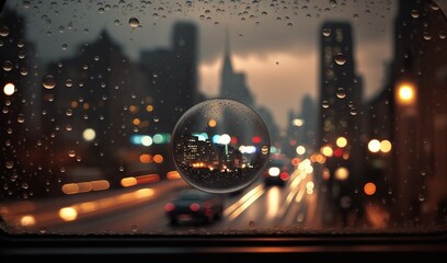  a view of a city from a car window with raindrops.  generative ai