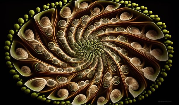  a computer generated image of a spiral of green and brown circles.  generative ai