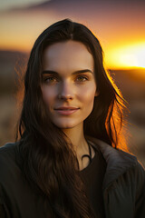 Fototapeta premium beautiful young woman with long brunette hair and brown eyes with a golden glimmer created with Generative AI technology