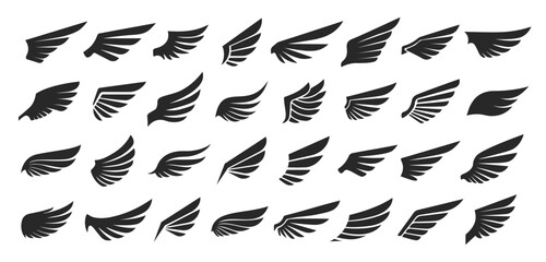 Wings icons set. Simple set of wings badges. Vector black silhouettes collection for your design on white background