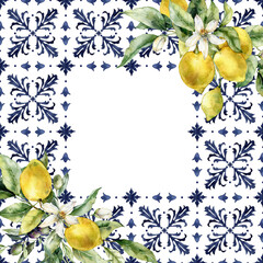 Watercolor tropical frame of ripe lemons, flowers and tiles. Hand painted fresh yellow fruits and mosaic isolated on white background. Tasty food illustration for design, print, fabric or background.