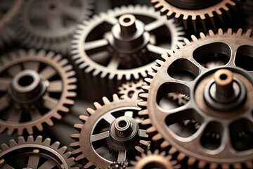 numerous copper gear wheels in one close up, beautiful industrial style background image created with Generative AI technology