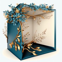 3d render, abstract geometric background, podium for product presentation with gold leaves, flowers and branches