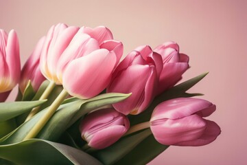 Obraz premium Beautiful pink tulips against a pink background, making it perfect for the Spring and Easter season. The soft, pastel colors and delicate blooms evoke feelings of renewal and joy.