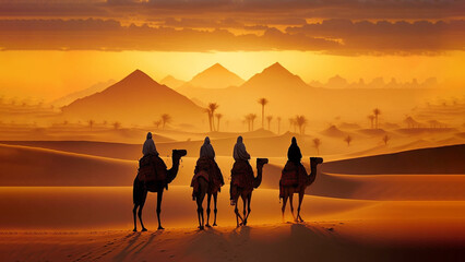 Camel caravan in wild desert mountain nature landscape background - obrazy, fototapety, plakaty