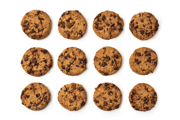 top view, cookies with pieces of chocolate. isolated white background