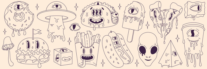 Psychedelic cartoon sticker set. Modern character burger, pizza, soda, hot dog, tacos, ice cream, donut, french fries. Funny faces with distorted eyes. Monochrome palette. Flowing texture. Line art.