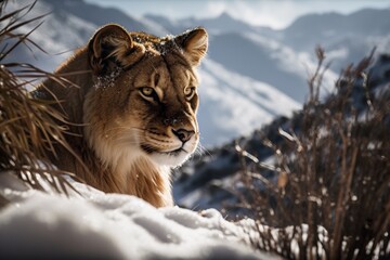 Fototapeta premium a lion lies in a snowy valley