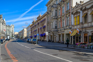 Fototapeta na wymiar Petrovka street in Moscow, Russia. Architecture and landmarks of Moscow. Cozy cityscape of Moscow