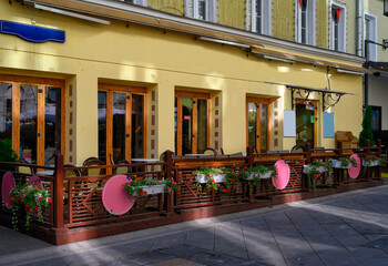 Kamergersky lane with tables of cafe in Moscow, Russia. Moscow architecture and landmark. Moscow cityscape