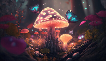 Fototapeta na wymiar Fantasy Magical Mushrooms and Butterfly in enchanted Fairy Tale dreamy elf Forest