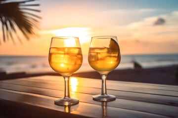 Cocktails on a Wooden Table in a Beach Bar, Tropical Beach and Sunset in Background: AI Generated Image