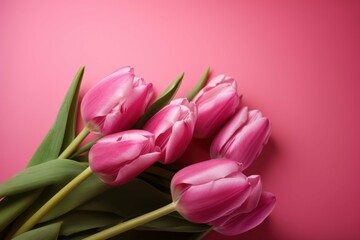 Fototapeta premium Pink Tulips on Pink Background for Spring and Easter