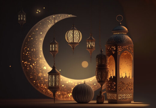 Muslims festival concept with blurred moon and illuminated lantern on smoky night view of the illuminated
