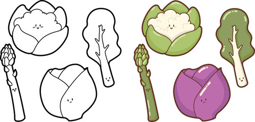 "Set of happy, cute and funny vegetables" (asparagus, red cabbage, cauliflower, chard ) Outlines-contours - design for logo,  stickers, icon, illustration for coloring books, kawaii veggies collection