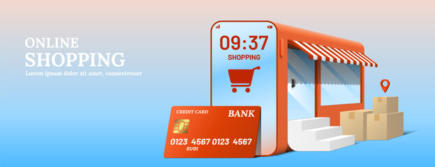 Store in the form of smartphone with credit card stair and parcel packaging boxes. Shopping cart icon on screen. Online shopping concept 3d vector.