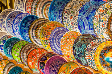 Traditional Turkish colorful ceramic souvenirs at  Bazaar in Istanbul, Turkey.