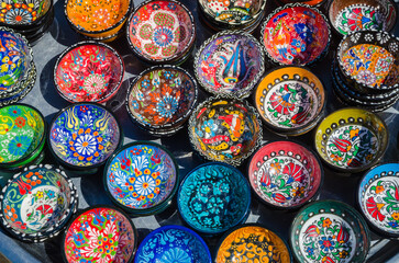 Traditional Turkish colorful ceramic souvenirs at  Bazaar in Istanbul, Turkey.